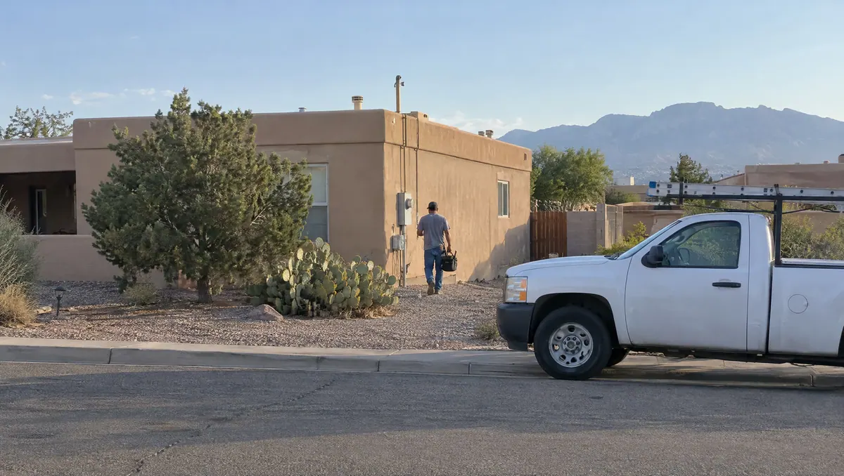Electrician walking to the electric meter of a stucco home in Albuquerque, with the Sandia Mountains behind