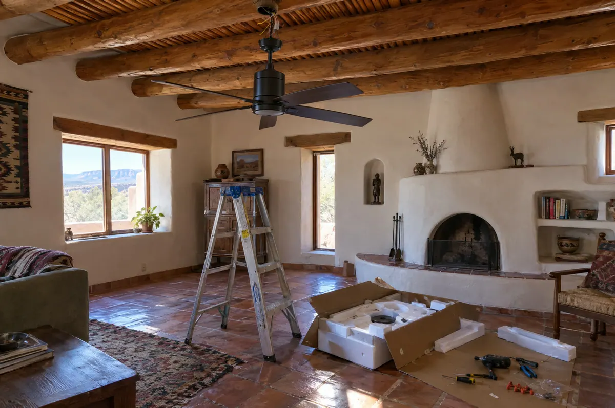 New ceiling fan installed between wood vigas in a New Mexico living room
