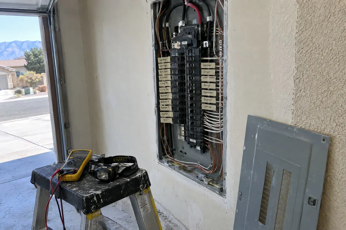 Open breaker panel with new labeled circuits during a panel upgrade in a garage