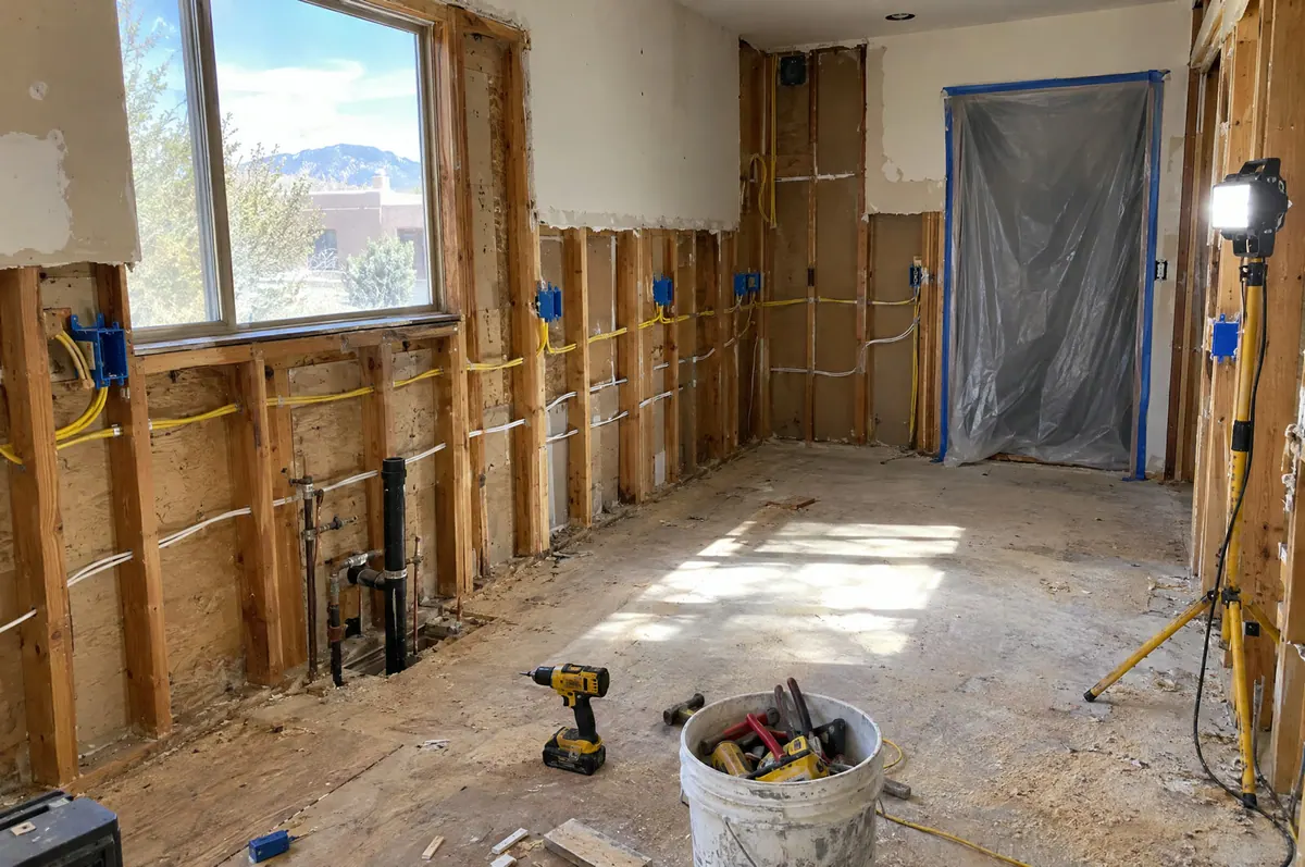 New outlet boxes and wiring on open studs during a kitchen remodel