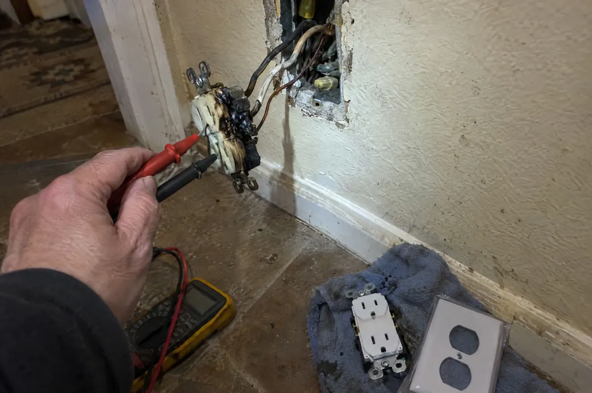 Testing a damaged outlet with a multimeter before replacing it